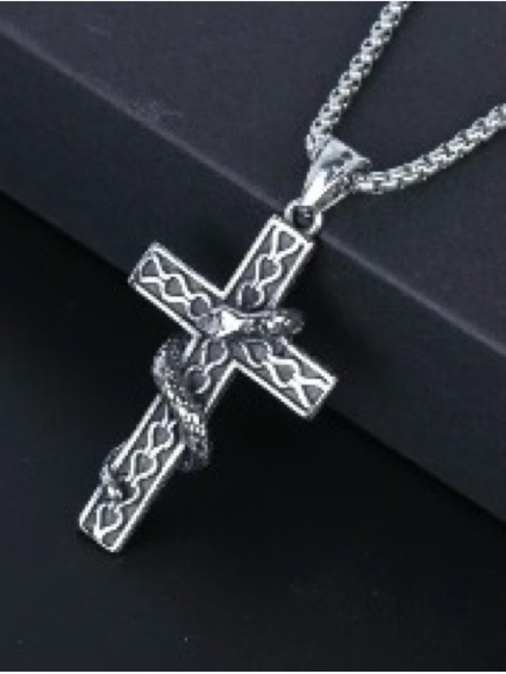 Silver Snake Cross Pendant men Necklace